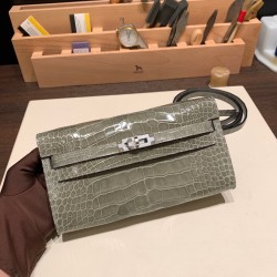 エルメス ケリーウォレット ロング トゥーゴー Kelly Wallet Long To Go クロコダイル 81/Gris Tourterelle  トゥルティエールグレー シルバー金具  kellyto-076 全手縫い