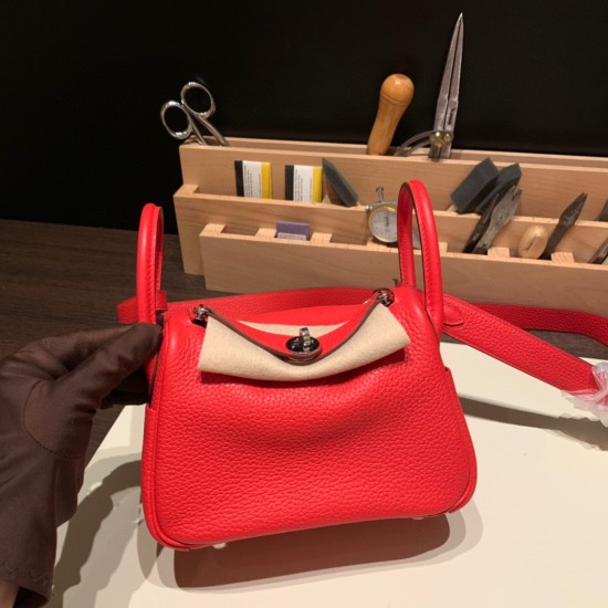 エルメス リンディミニ19 Mini Lindy Clemence トリヨンクレマンス ルージュクー S3/Rouge Cœur   シルバー金具  lindymini-076 全手縫い