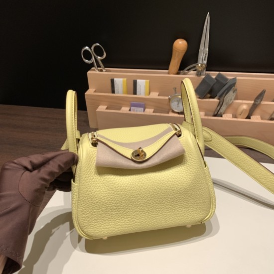 エルメス リンディミニ19 Mini Lindy Clemence トリヨンクレマンス ジョーヌプッサン 1Z /Jaune Poussin  ゴールド金具  lindymini-100 全手縫い