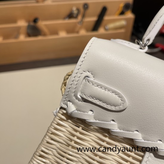 エルメス ケリー・ ピクニック Kelly picnic  スイフト籘(ラタン) ホワイト 01 /White (Blanc)  シルバー金具  picnic-003 全手縫い