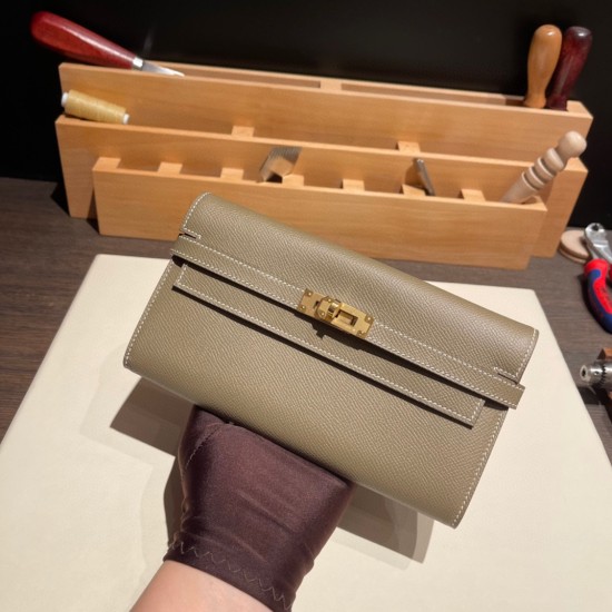 エルメス ケリーウォレット ロング ヴォーエプソン 18/Étoupe Grey (Étoupe)  エトゥープ ゴールド金具   wallet-005 全手縫い