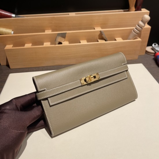 エルメス ケリーウォレット ロング ヴォーエプソン 18/Étoupe Grey エトゥープ ゴールド金具   wallet-013 全手縫い